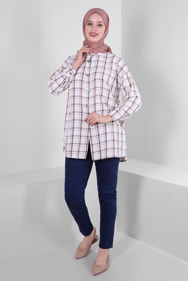 Tesettür giyim  KARE DESENLİ DÜĞMELİ TUNİK T 1436 - TRENDTESETTÜR