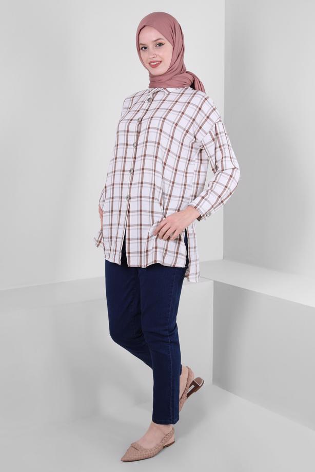 Tesettür giyim  KARE DESENLİ DÜĞMELİ TUNİK T 1436 - TRENDTESETTÜR