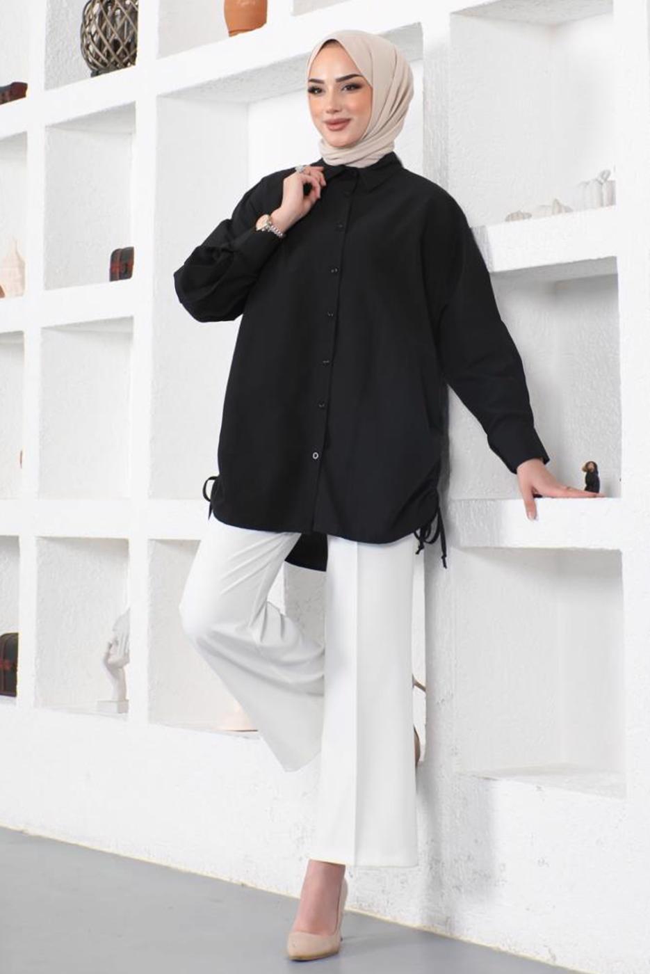 Tesettür giyim SİYAH YANLARI BÜZGÜLÜ GÖMLEK TUNİK T 15516