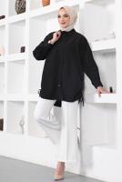 Tesettür giyim SİYAH YANLARI BÜZGÜLÜ GÖMLEK TUNİK T 15516