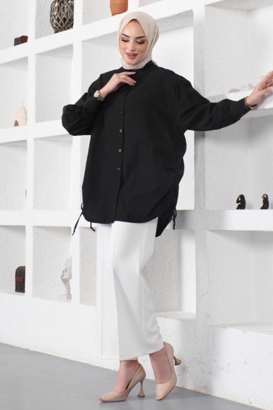 Tesettür giyim SİYAH YANLARI BÜZGÜLÜ GÖMLEK TUNİK T 15516
