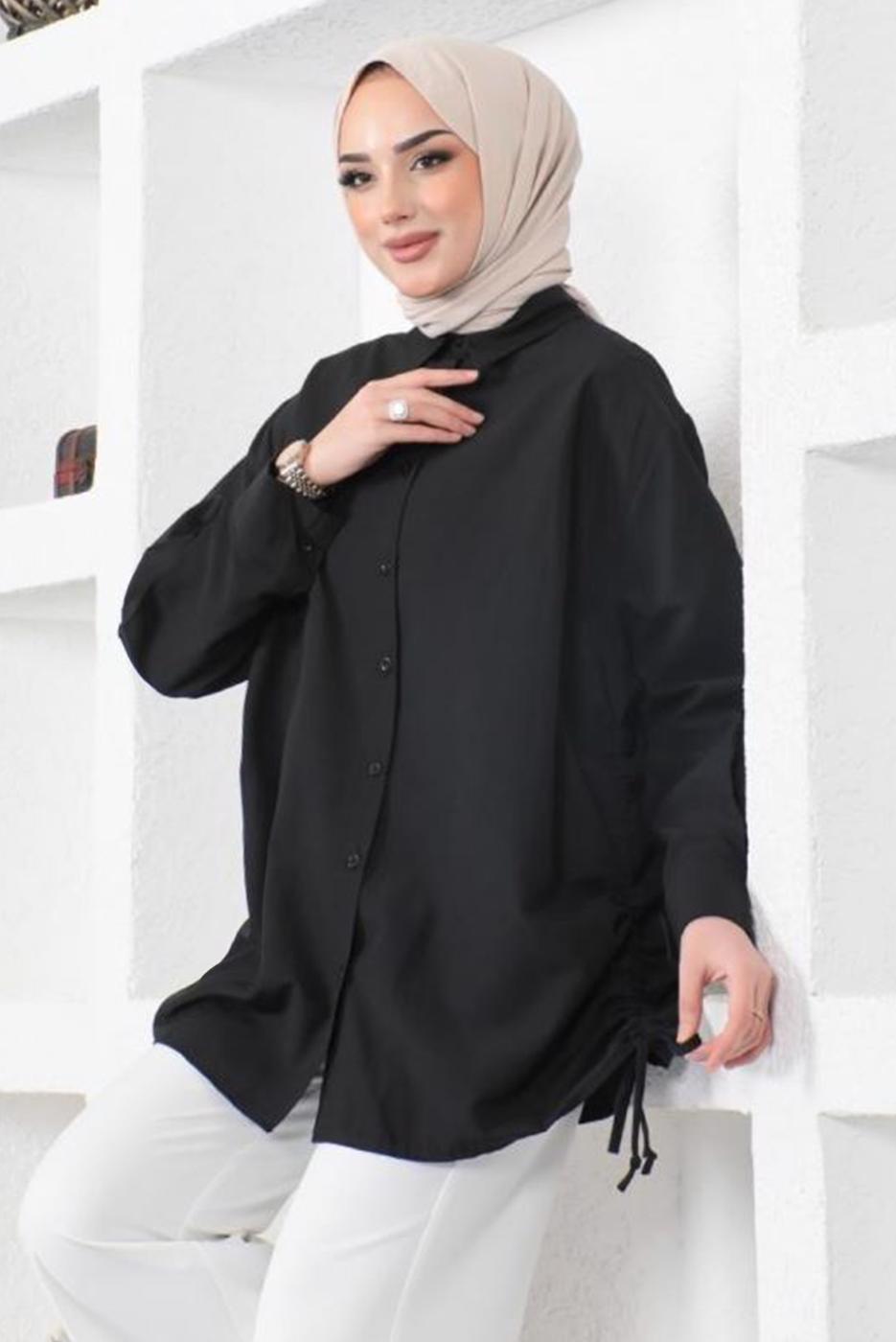 Tesettür giyim SİYAH YANLARI BÜZGÜLÜ GÖMLEK TUNİK T 15516