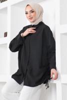 Tesettür giyim SİYAH YANLARI BÜZGÜLÜ GÖMLEK TUNİK T 15516