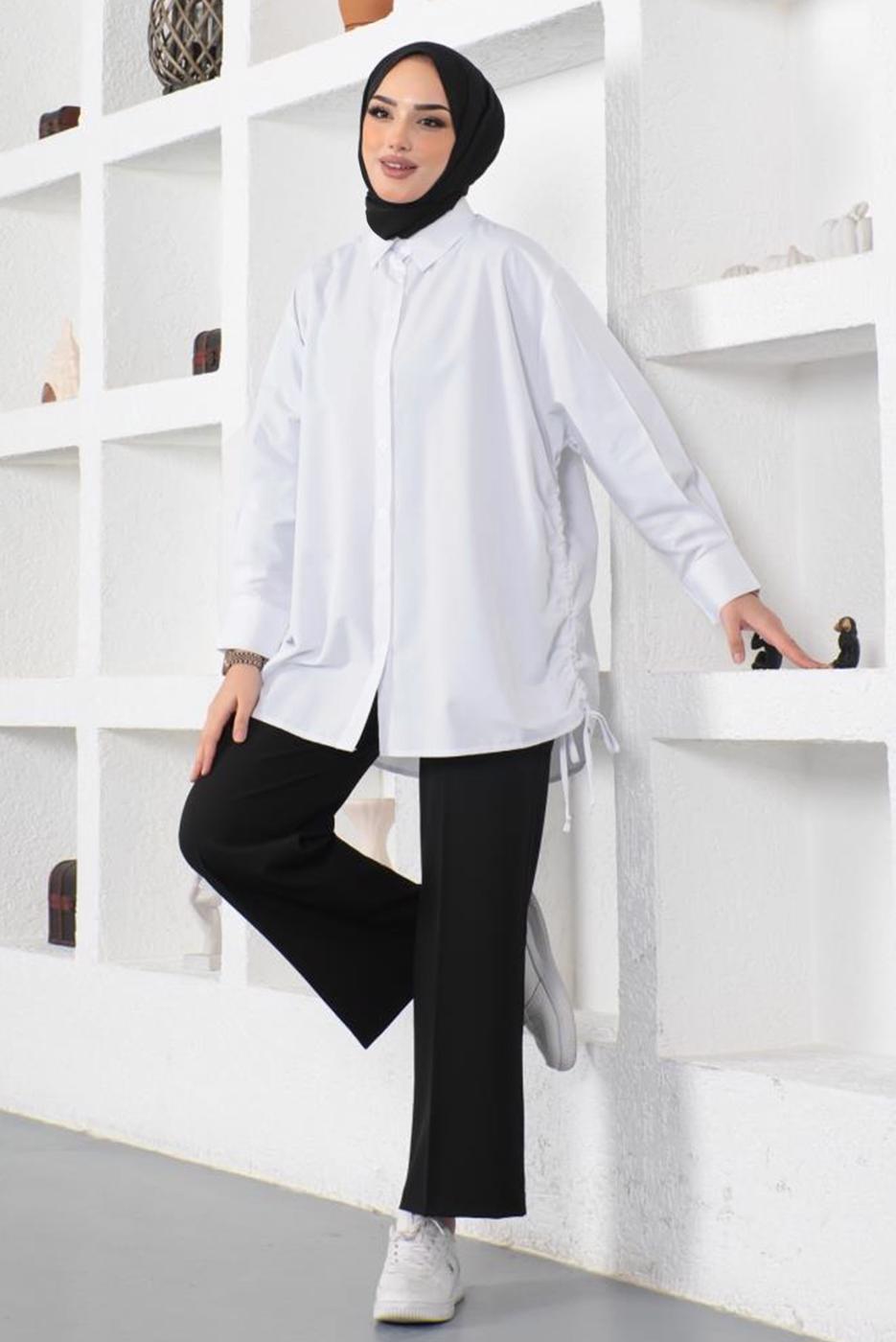 Tesettür giyim BEYAZ YANLARI BÜZGÜLÜ GÖMLEK TUNİK T 15516