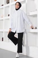 Tesettür giyim BEYAZ YANLARI BÜZGÜLÜ GÖMLEK TUNİK T 15516