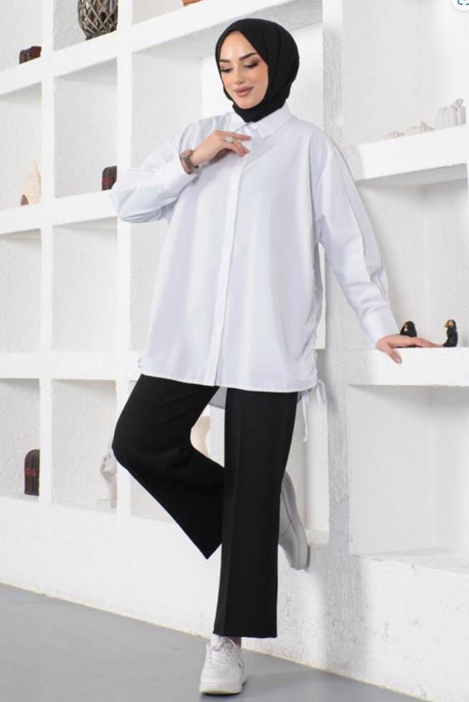 Tesettür giyim BEYAZ YANLARI BÜZGÜLÜ GÖMLEK TUNİK T 15516