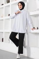 Tesettür giyim BEYAZ YANLARI BÜZGÜLÜ GÖMLEK TUNİK T 15516