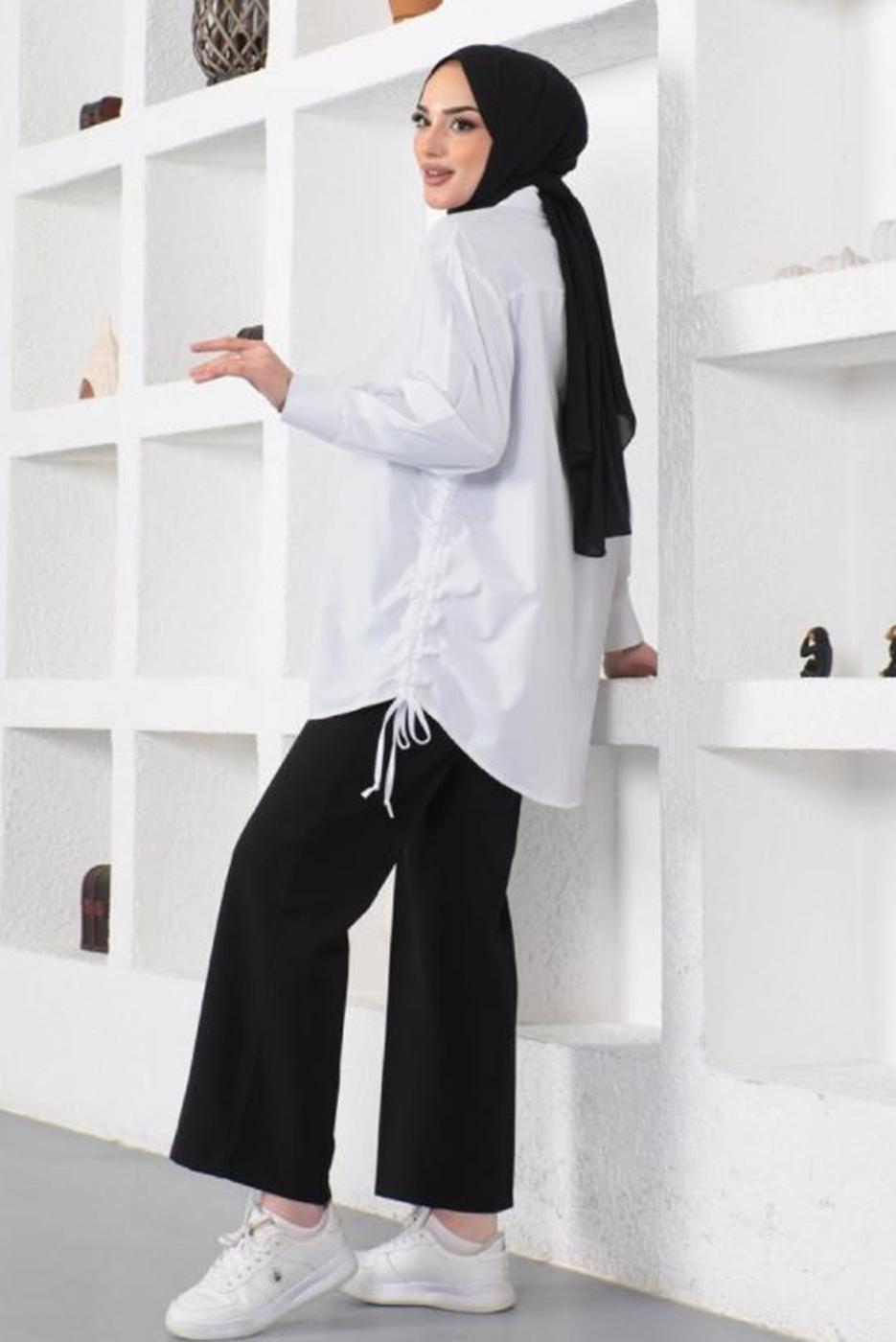 Tesettür giyim BEYAZ YANLARI BÜZGÜLÜ GÖMLEK TUNİK T 15516