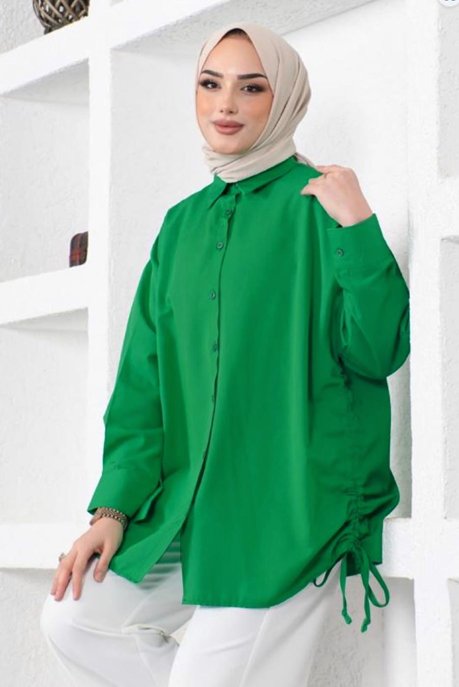 Tesettür giyim YEŞİL YANLARI BÜZGÜLÜ GÖMLEK TUNİK T 15516