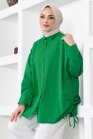 Tesettür giyim YEŞİL YANLARI BÜZGÜLÜ GÖMLEK TUNİK T 15516