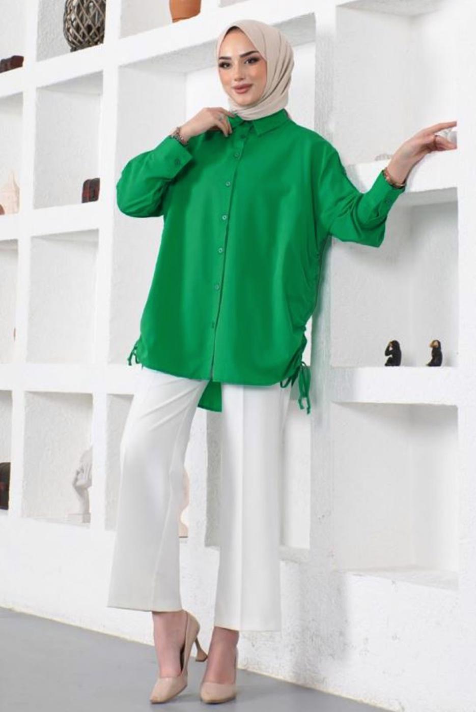Tesettür giyim YEŞİL YANLARI BÜZGÜLÜ GÖMLEK TUNİK T 15516