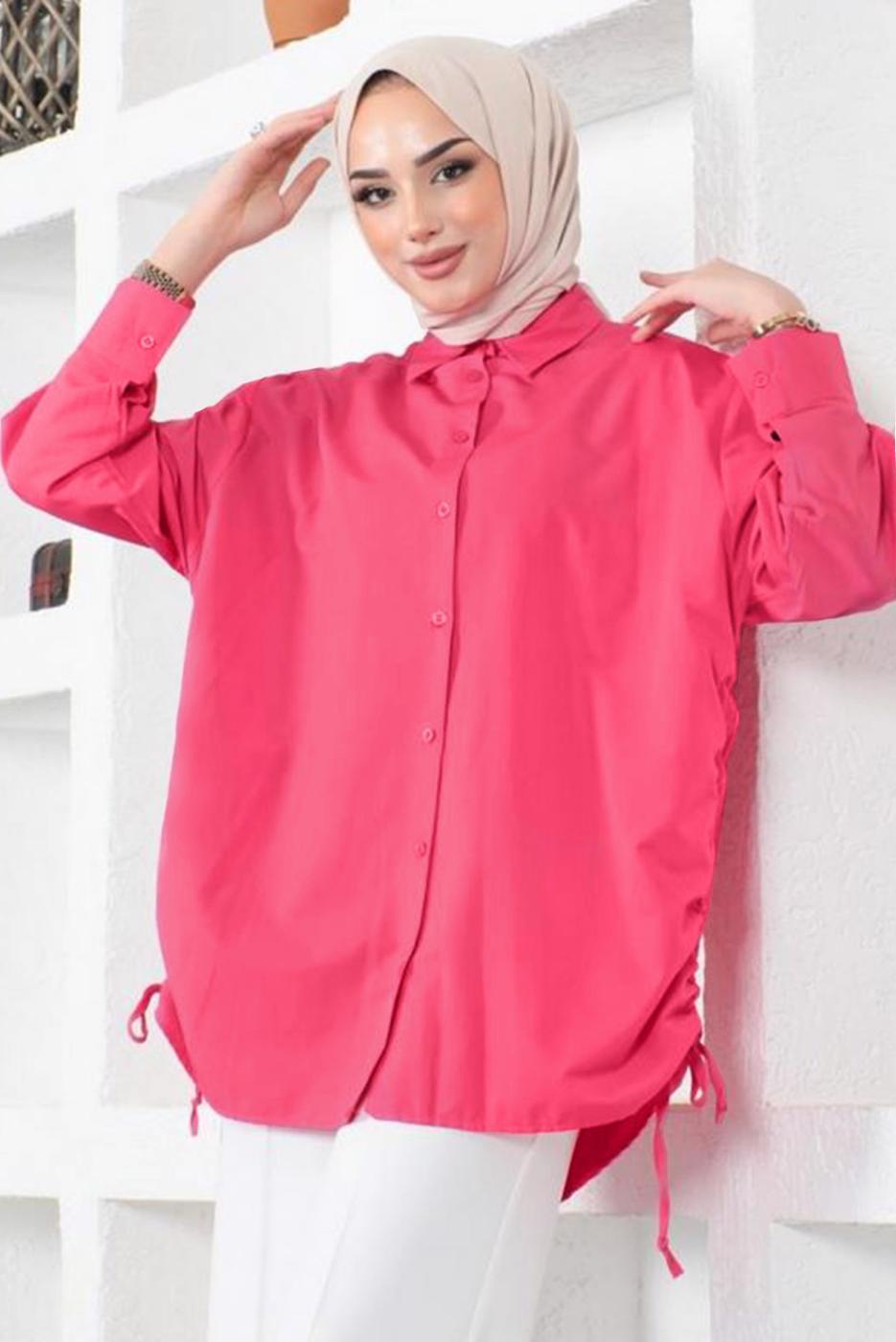 Tesettür giyim FUŞYA YANLARI BÜZGÜLÜ GÖMLEK TUNİK T 15516