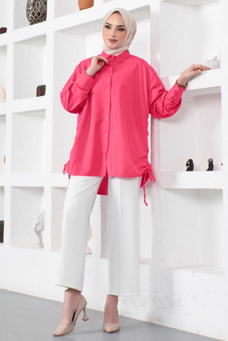 Tesettür giyim FUŞYA YANLARI BÜZGÜLÜ GÖMLEK TUNİK T 15516