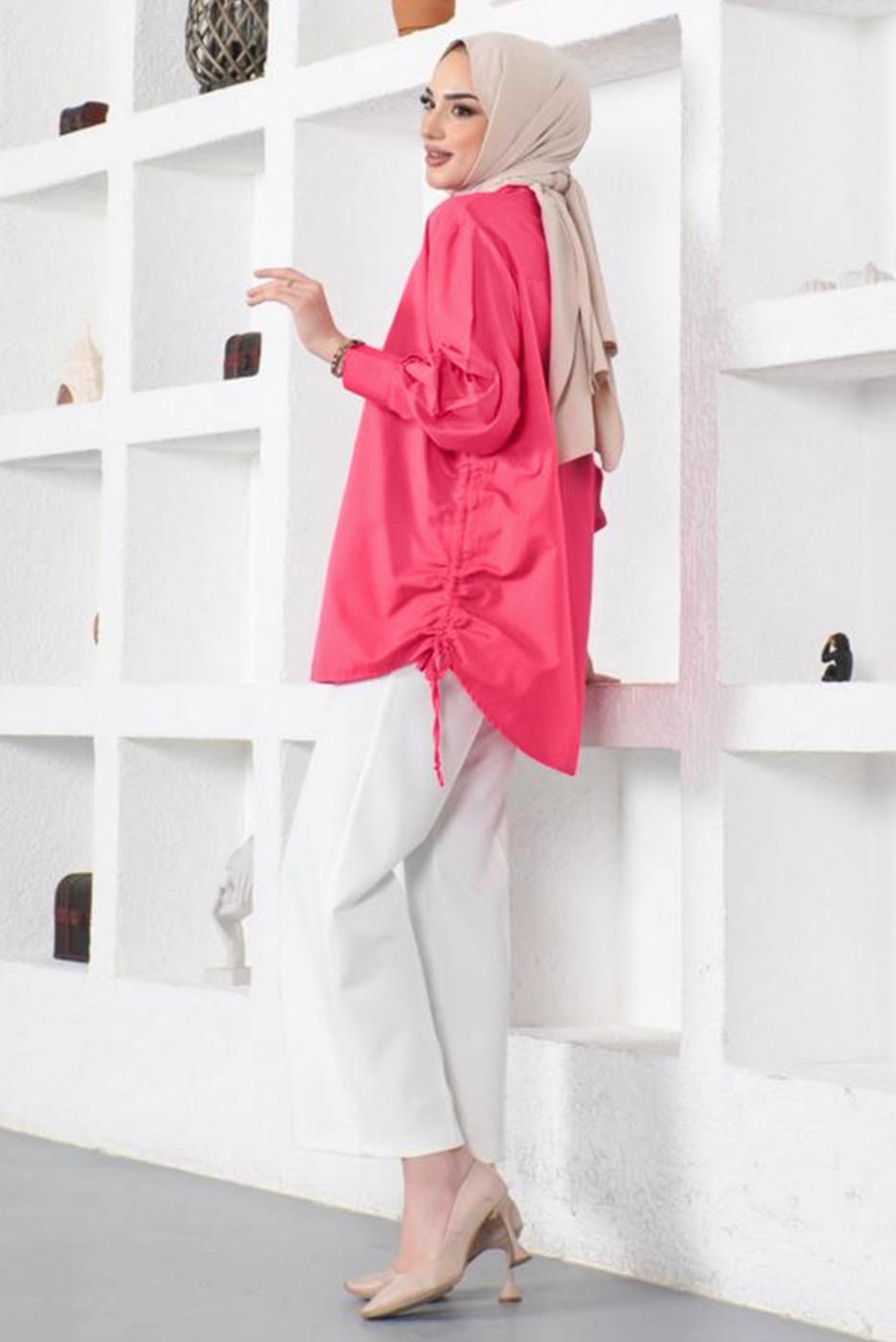 Tesettür giyim FUŞYA YANLARI BÜZGÜLÜ GÖMLEK TUNİK T 15516