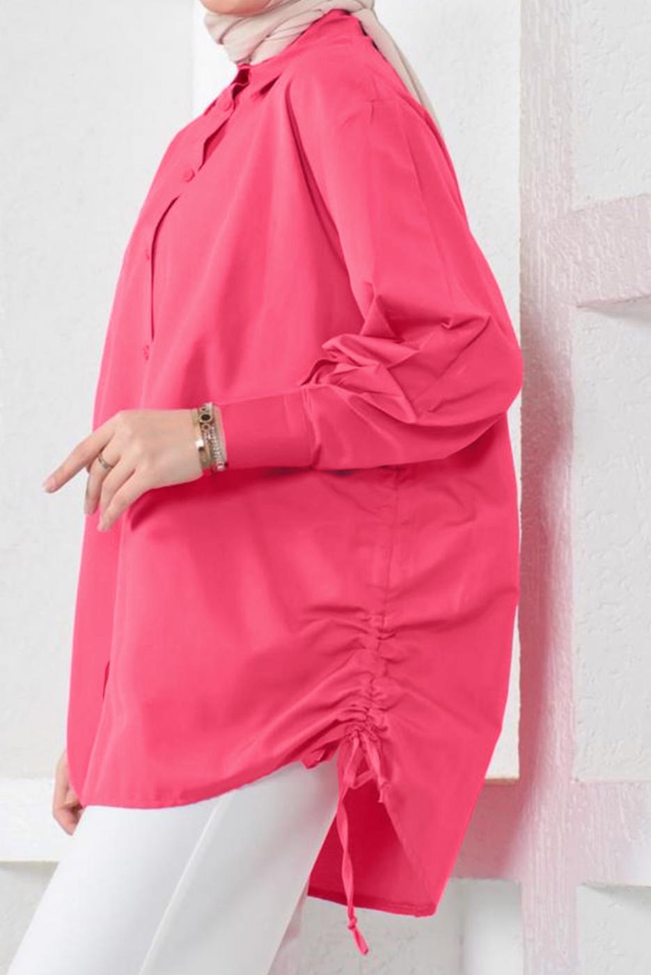 Tesettür giyim FUŞYA YANLARI BÜZGÜLÜ GÖMLEK TUNİK T 15516