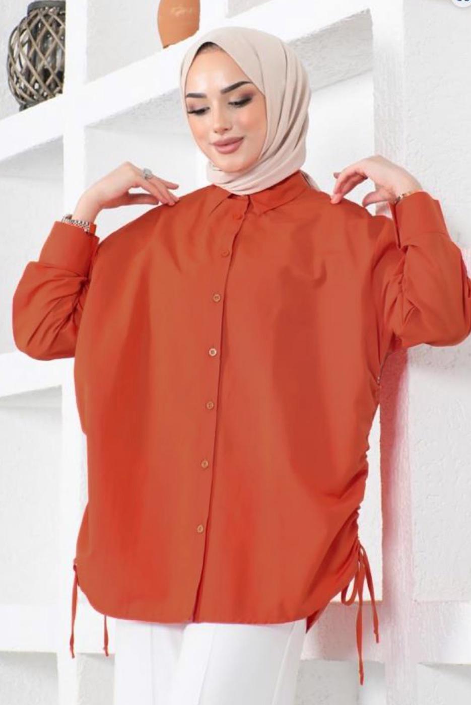 Tesettür giyim TURUNCU YANLARI BÜZGÜLÜ GÖMLEK TUNİK T 15516
