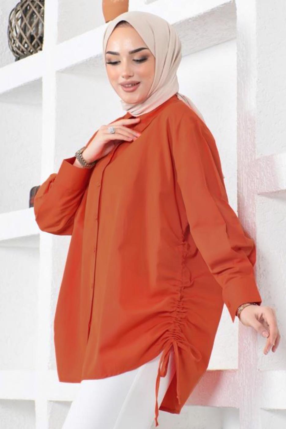 Tesettür giyim TURUNCU YANLARI BÜZGÜLÜ GÖMLEK TUNİK T 15516