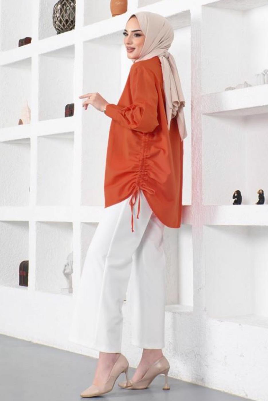 Tesettür giyim TURUNCU YANLARI BÜZGÜLÜ GÖMLEK TUNİK T 15516