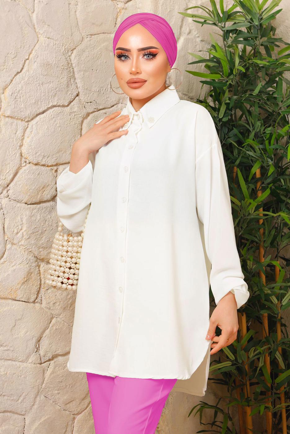 Tesettür giyim KREM YAKASI İNCİLİ AEROBİN GÖMLEK TUNİK T 1703