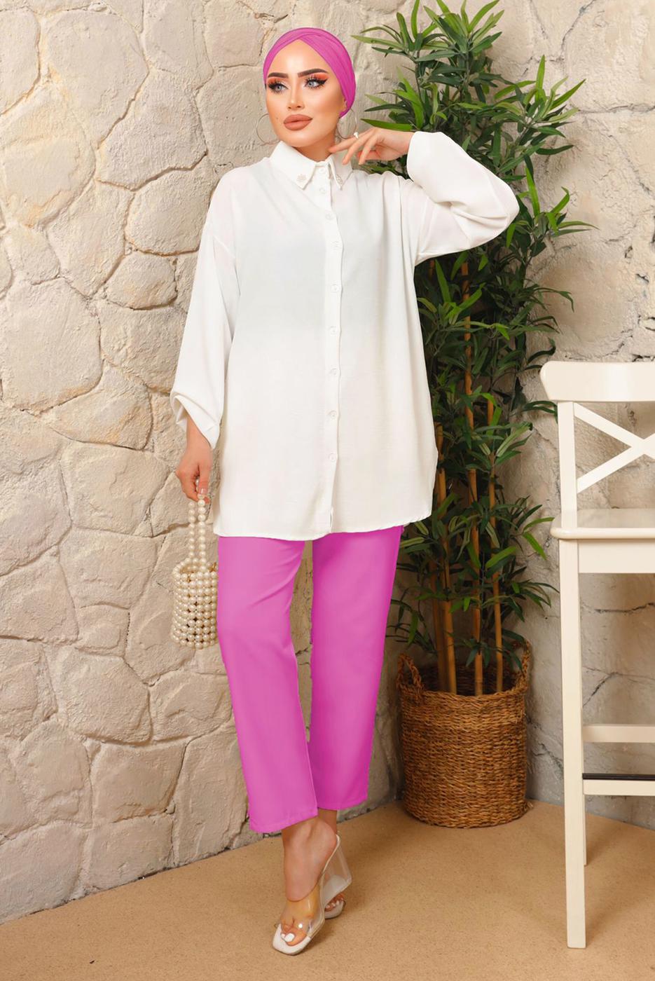 Tesettür giyim KREM YAKASI İNCİLİ AEROBİN GÖMLEK TUNİK T 1703
