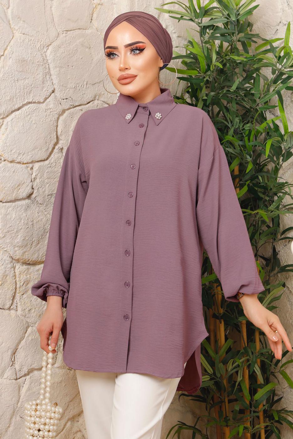 Tesettür giyim MOR YAKASI İNCİLİ AEROBİN GÖMLEK TUNİK T 1703