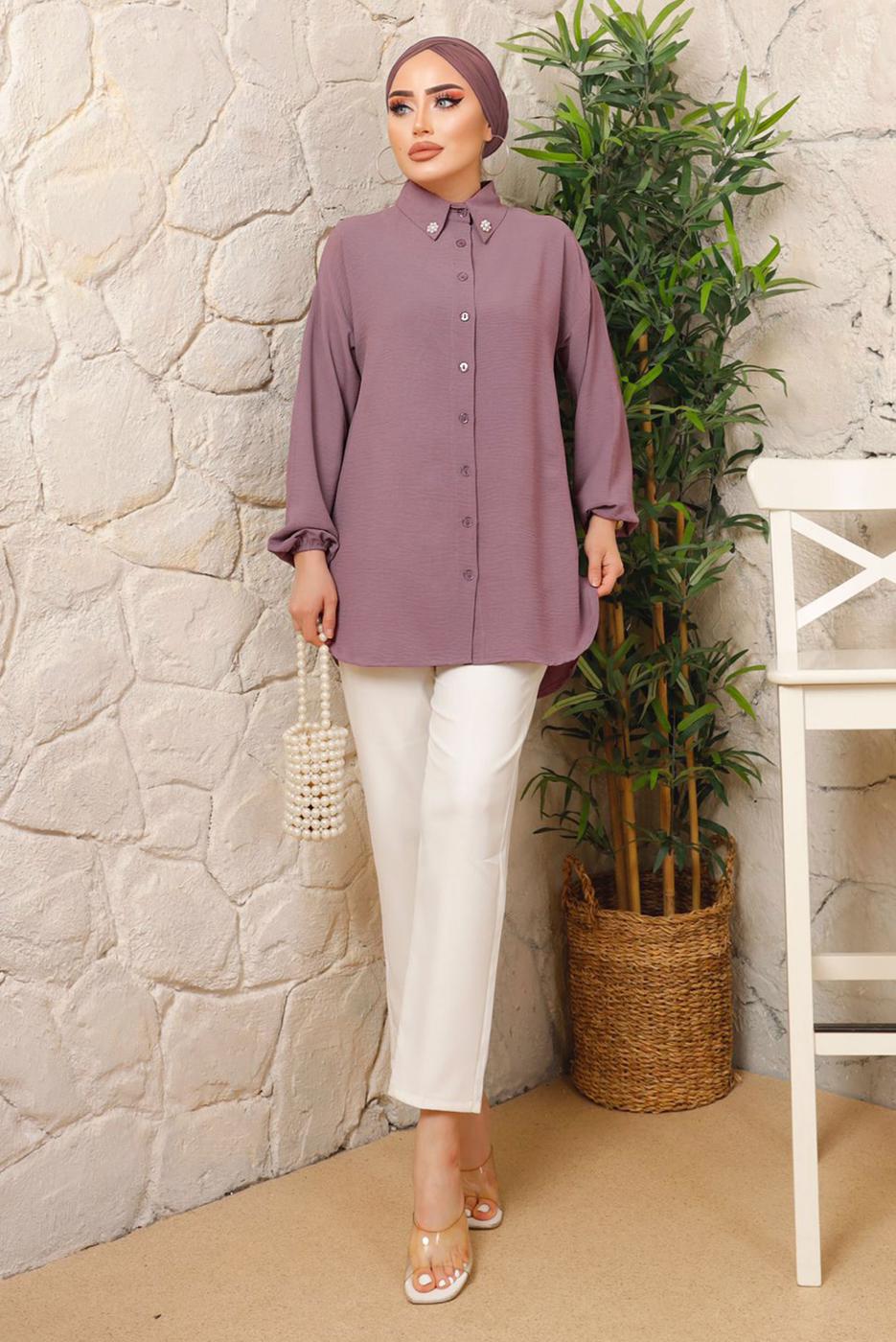 Tesettür giyim MOR YAKASI İNCİLİ AEROBİN GÖMLEK TUNİK T 1703