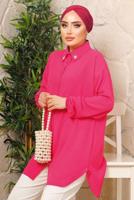 Tesettür giyim FUŞYA YAKASI İNCİLİ AEROBİN GÖMLEK TUNİK T 1703