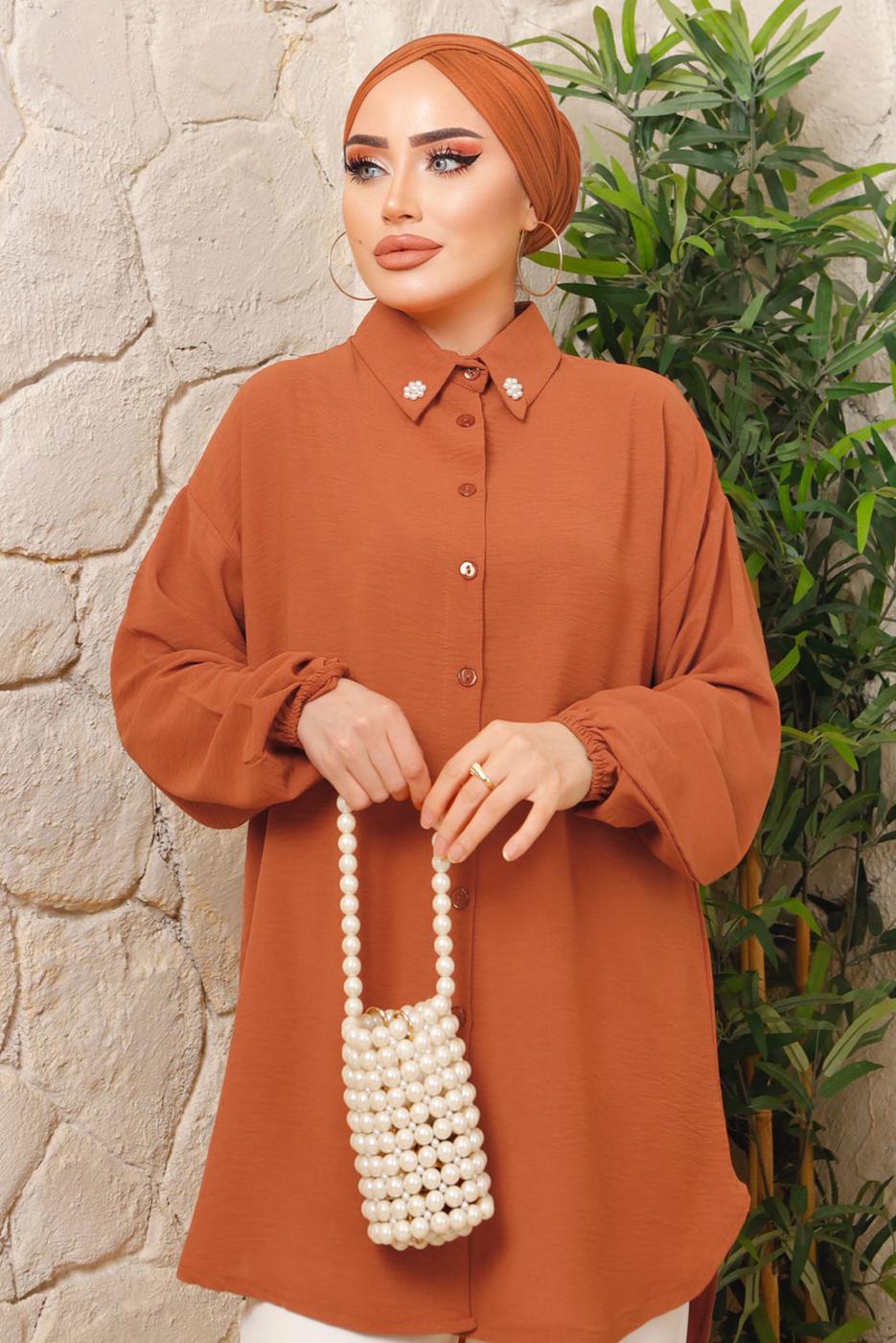 Tesettür giyim KAHVE YAKASI İNCİLİ AEROBİN GÖMLEK TUNİK T 1703