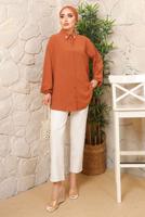 Tesettür giyim KAHVE YAKASI İNCİLİ AEROBİN GÖMLEK TUNİK T 1703