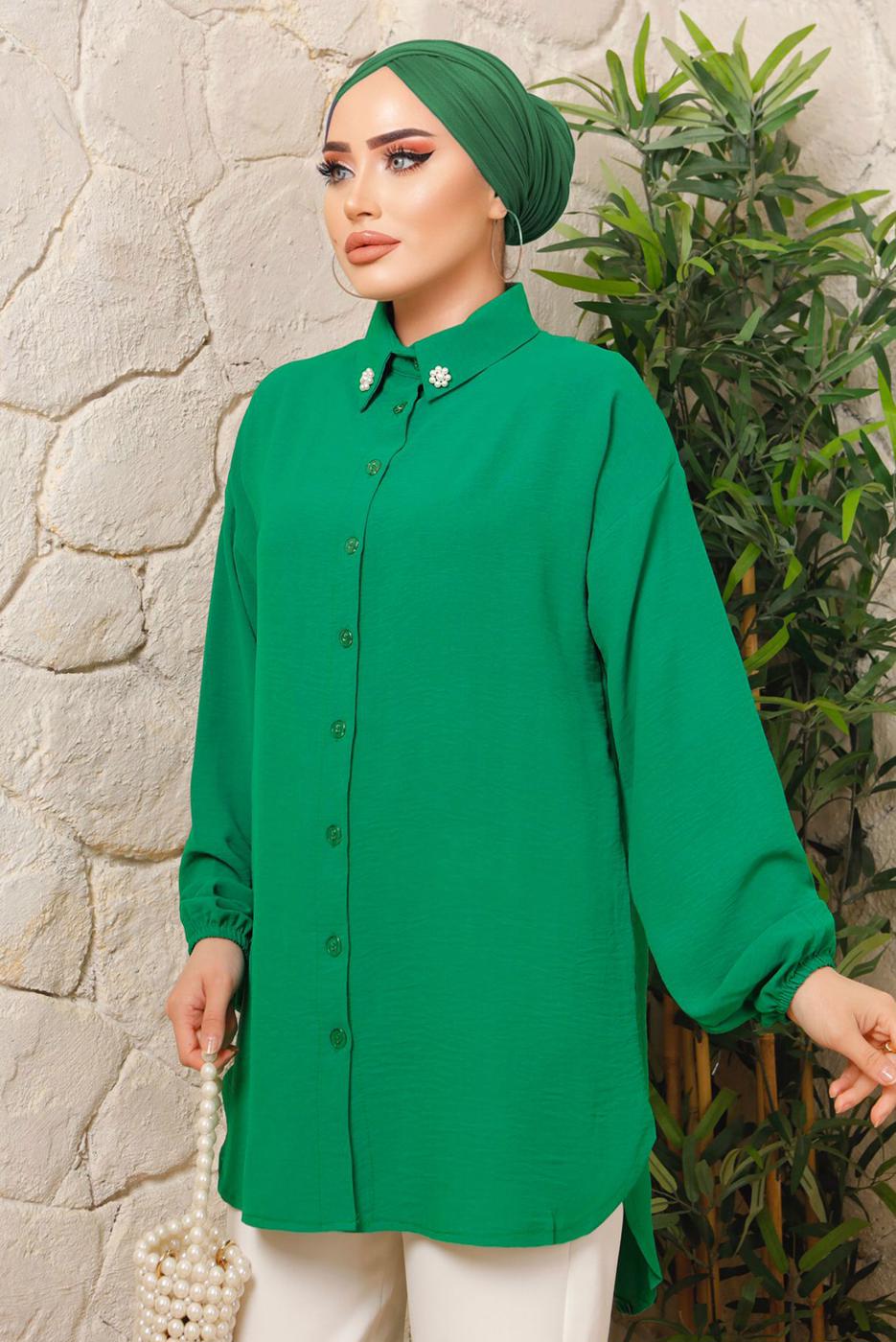 Tesettür giyim YEŞİL YAKASI İNCİLİ AEROBİN GÖMLEK TUNİK T 1703
