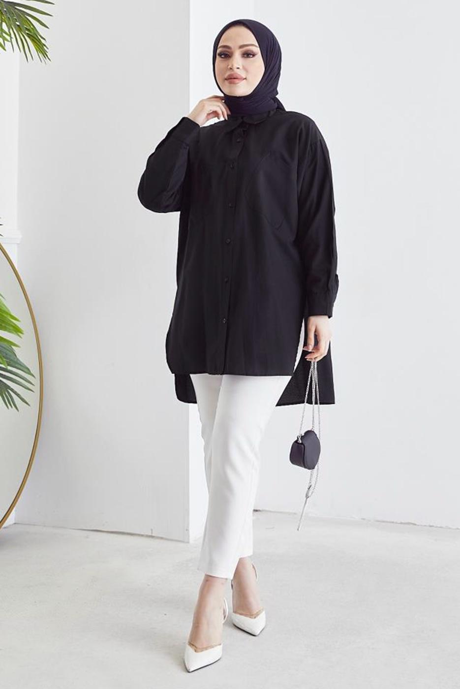 Tesettür giyim SİYAH CEP DETAYLI YANI YIRTMAÇLI GÖMLEK TUNİK T 19316