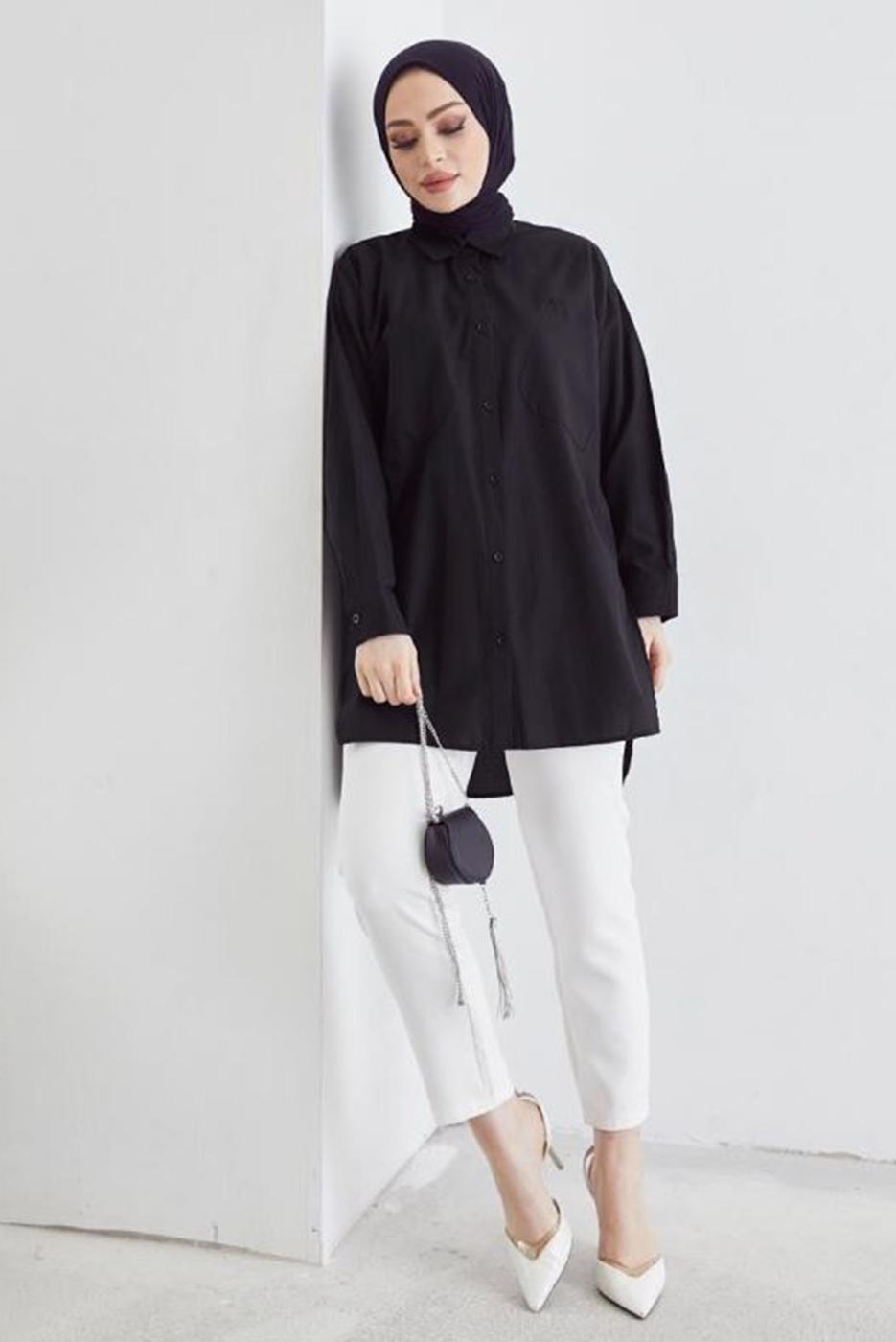 Tesettür giyim SİYAH CEP DETAYLI YANI YIRTMAÇLI GÖMLEK TUNİK T 19316