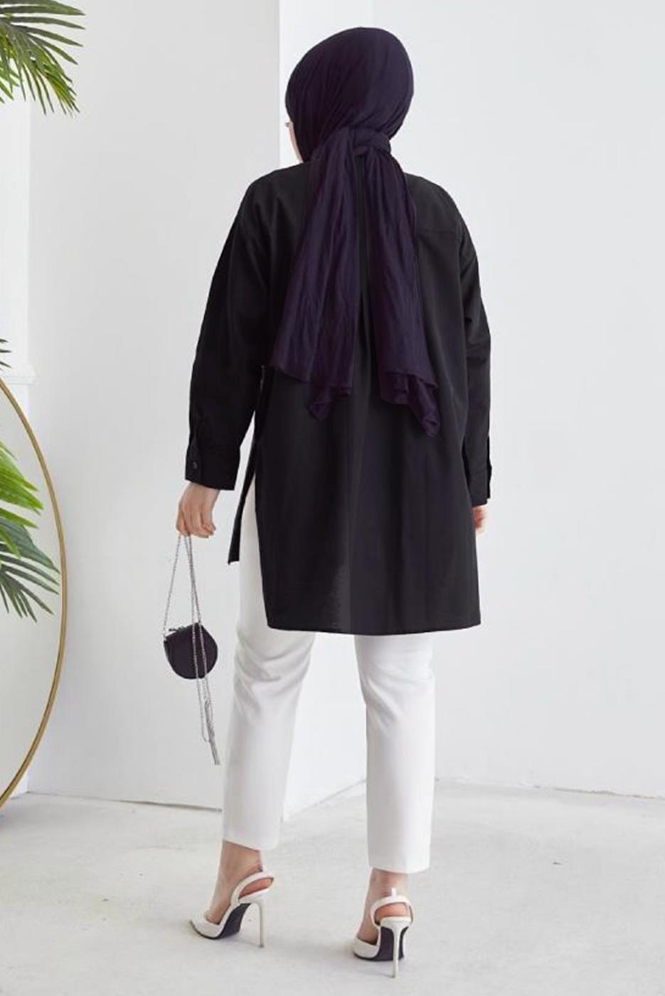 Tesettür giyim SİYAH CEP DETAYLI YANI YIRTMAÇLI GÖMLEK TUNİK T 19316