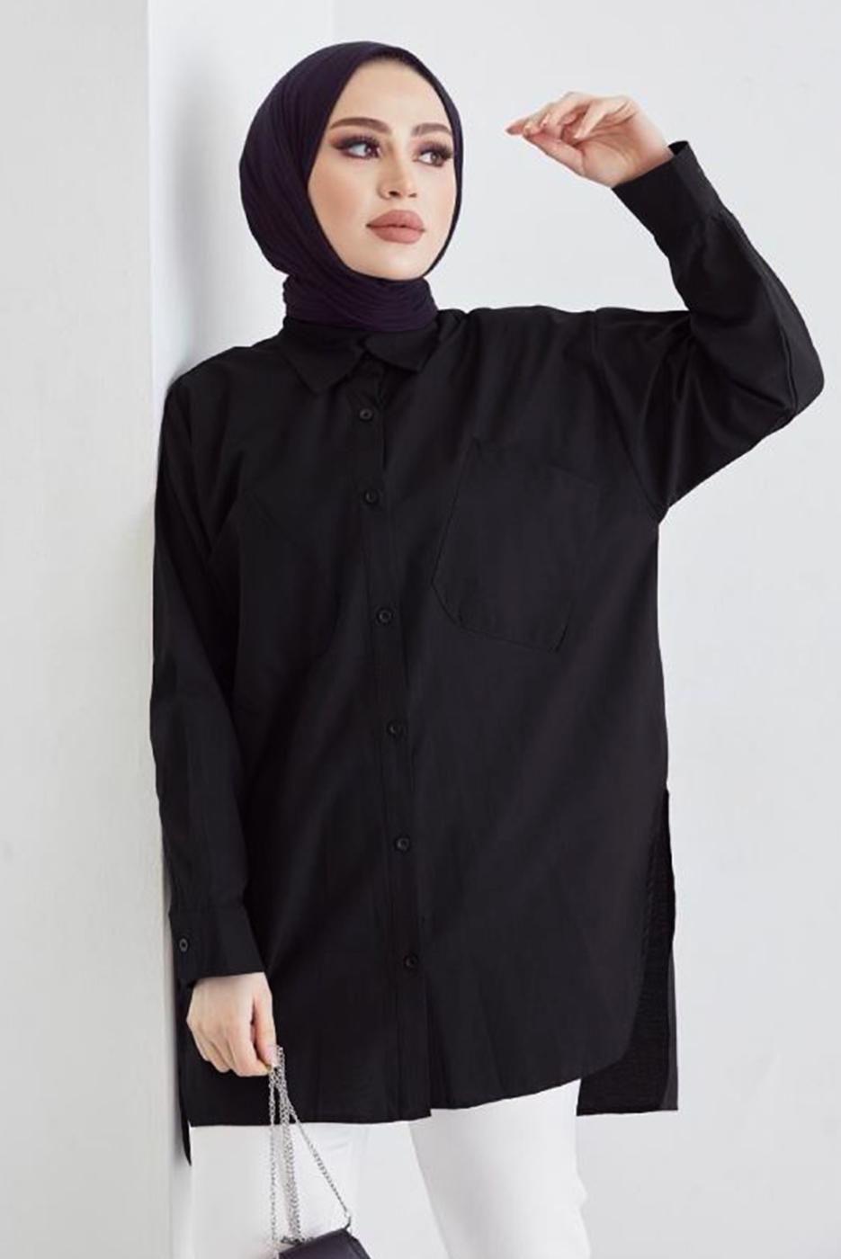 Tesettür giyim SİYAH CEP DETAYLI YANI YIRTMAÇLI GÖMLEK TUNİK T 19316