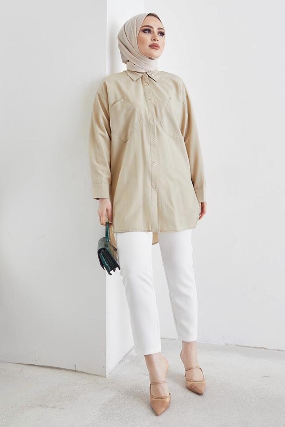 Tesettür giyim BEJ CEP DETAYLI YANI YIRTMAÇLI GÖMLEK TUNİK T 19316