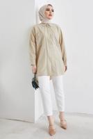 Tesettür giyim BEJ CEP DETAYLI YANI YIRTMAÇLI GÖMLEK TUNİK T 19316