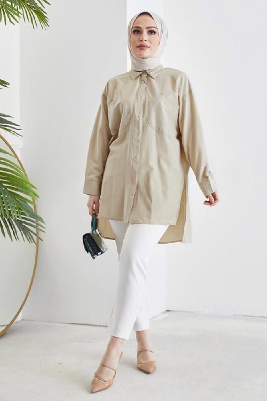 Tesettür giyim BEJ CEP DETAYLI YANI YIRTMAÇLI GÖMLEK TUNİK T 19316