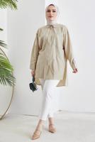 Tesettür giyim BEJ CEP DETAYLI YANI YIRTMAÇLI GÖMLEK TUNİK T 19316