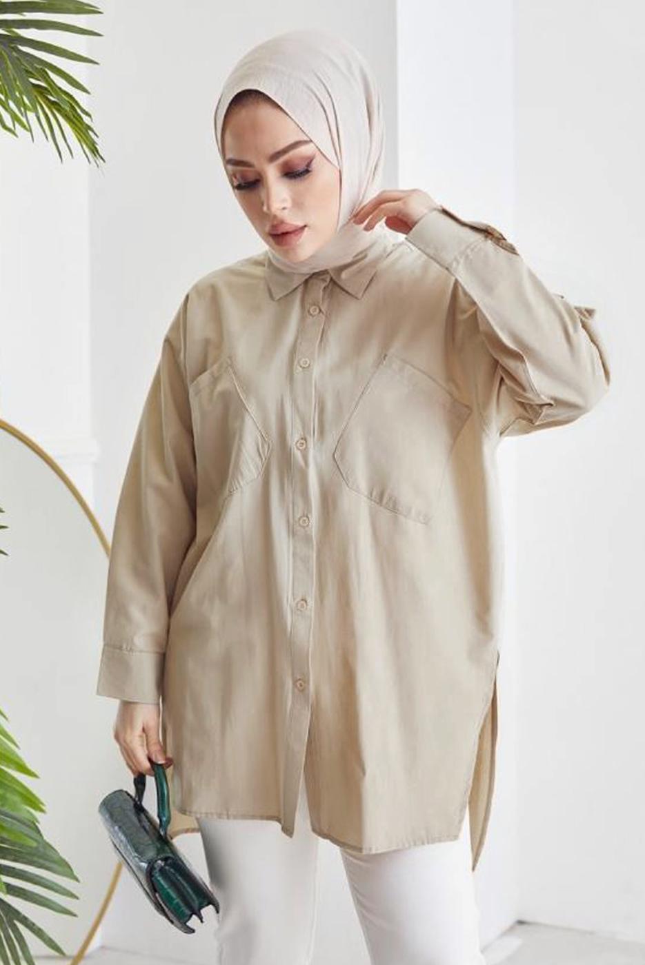 Tesettür giyim BEJ CEP DETAYLI YANI YIRTMAÇLI GÖMLEK TUNİK T 19316