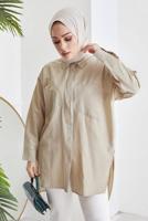 Tesettür giyim BEJ CEP DETAYLI YANI YIRTMAÇLI GÖMLEK TUNİK T 19316