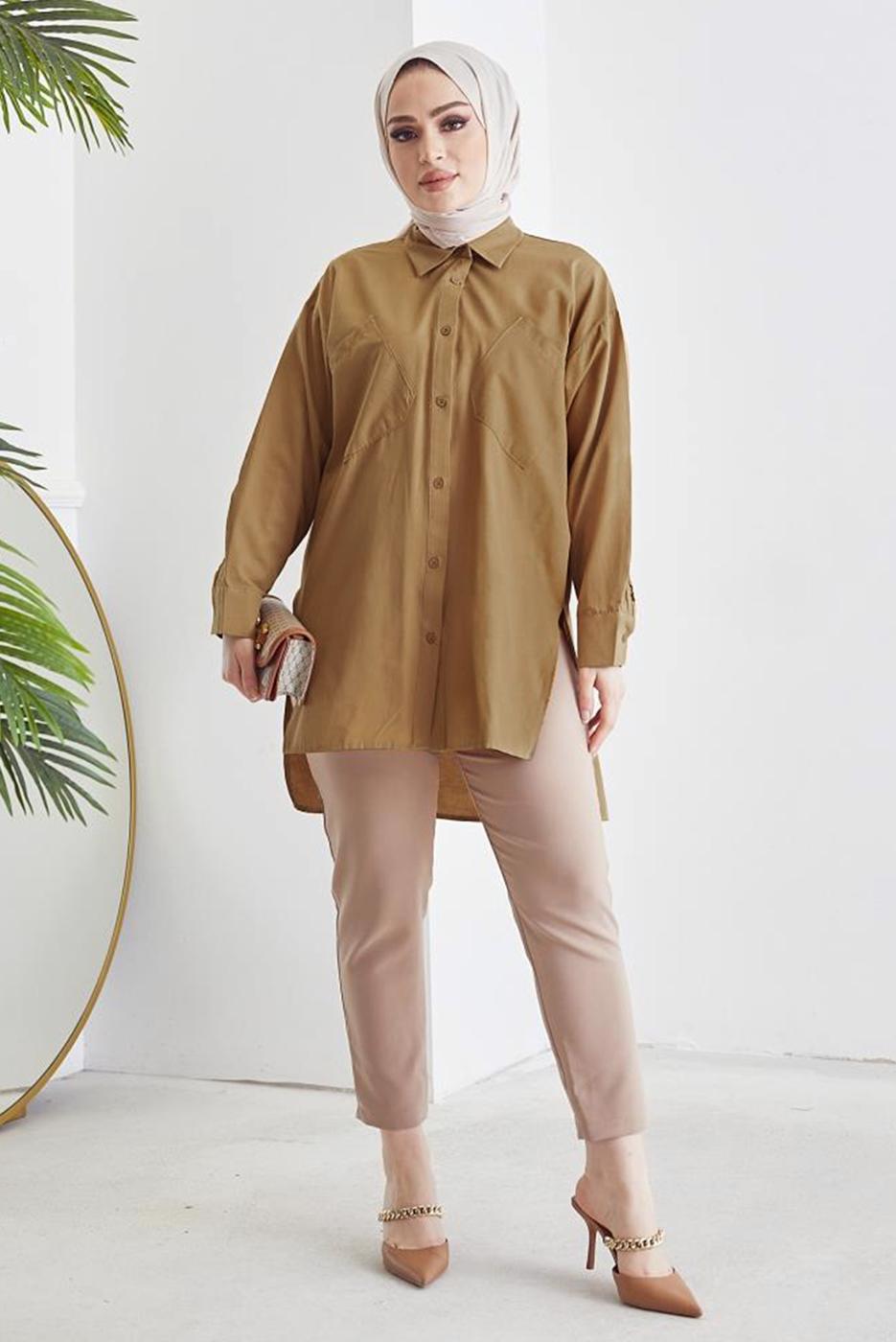 Tesettür giyim KAHVE CEP DETAYLI YANI YIRTMAÇLI GÖMLEK TUNİK T 19316