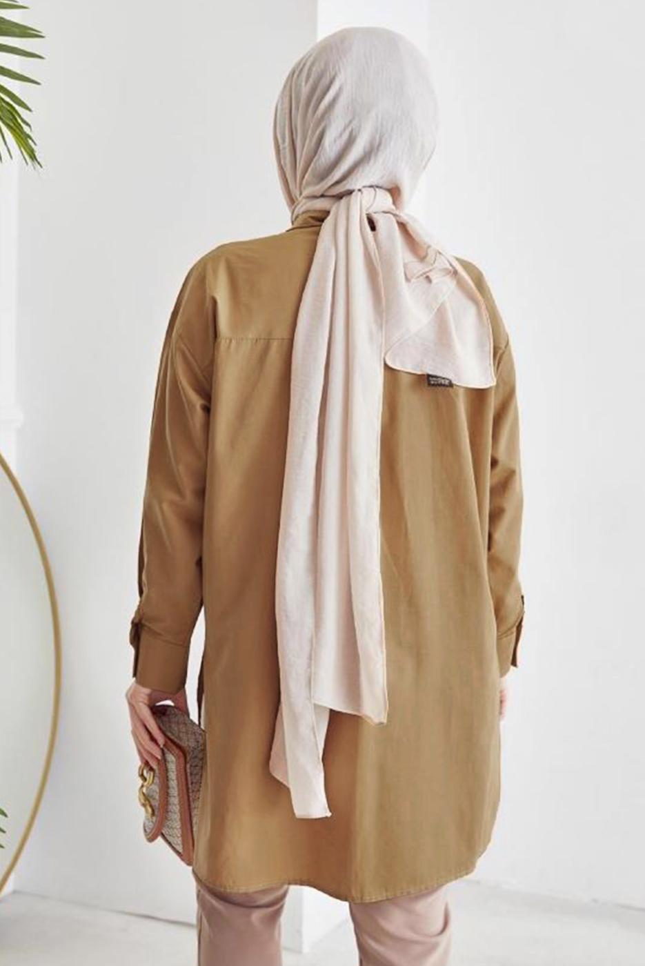 Tesettür giyim KAHVE CEP DETAYLI YANI YIRTMAÇLI GÖMLEK TUNİK T 19316