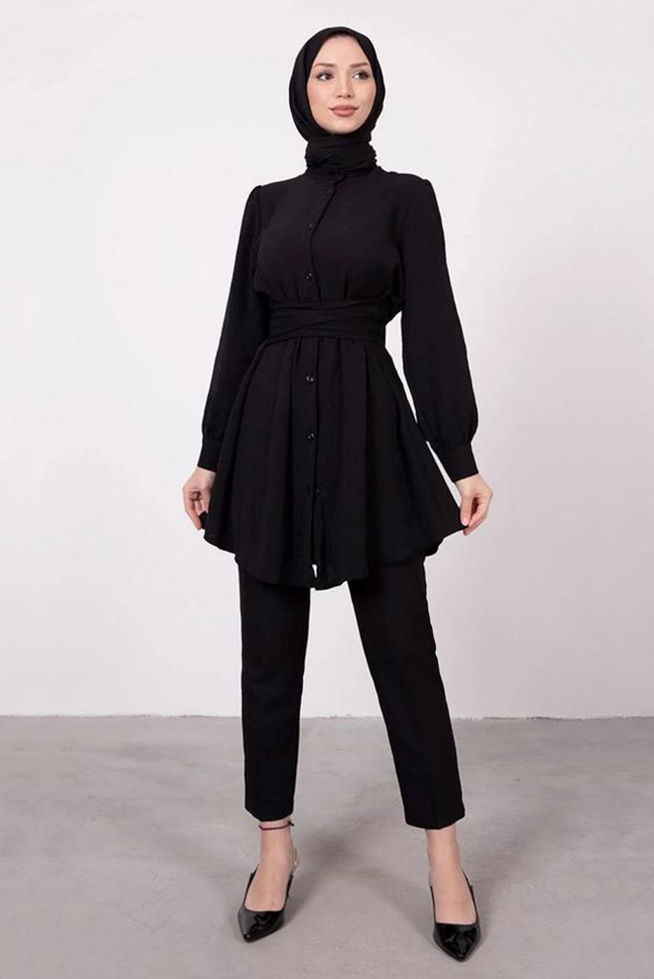 Tesettür giyim SİYAH HAKİM YAKA BAĞLAMA DETAYLI TUNİK T 1965