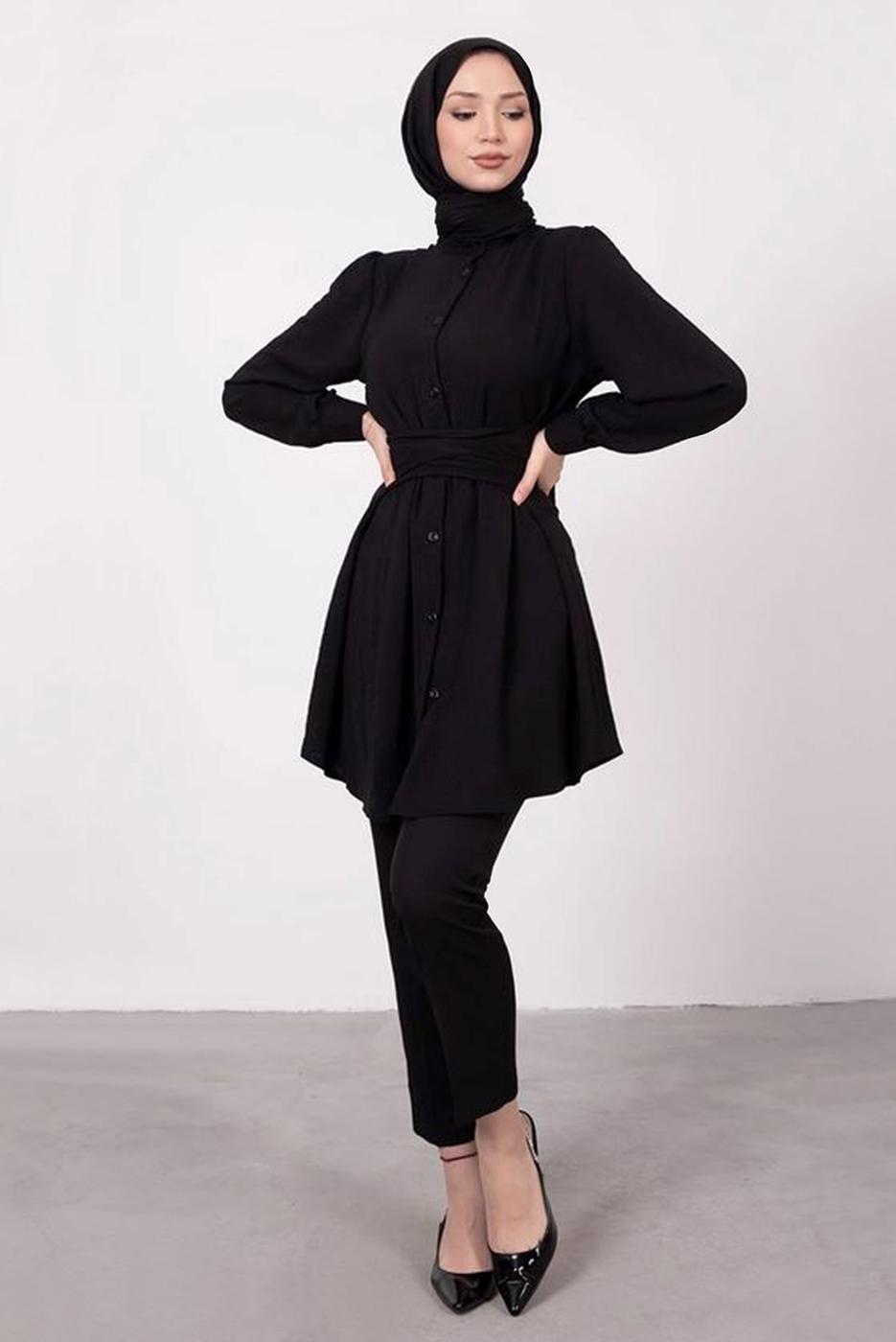 Tesettür giyim SİYAH HAKİM YAKA BAĞLAMA DETAYLI TUNİK T 1965