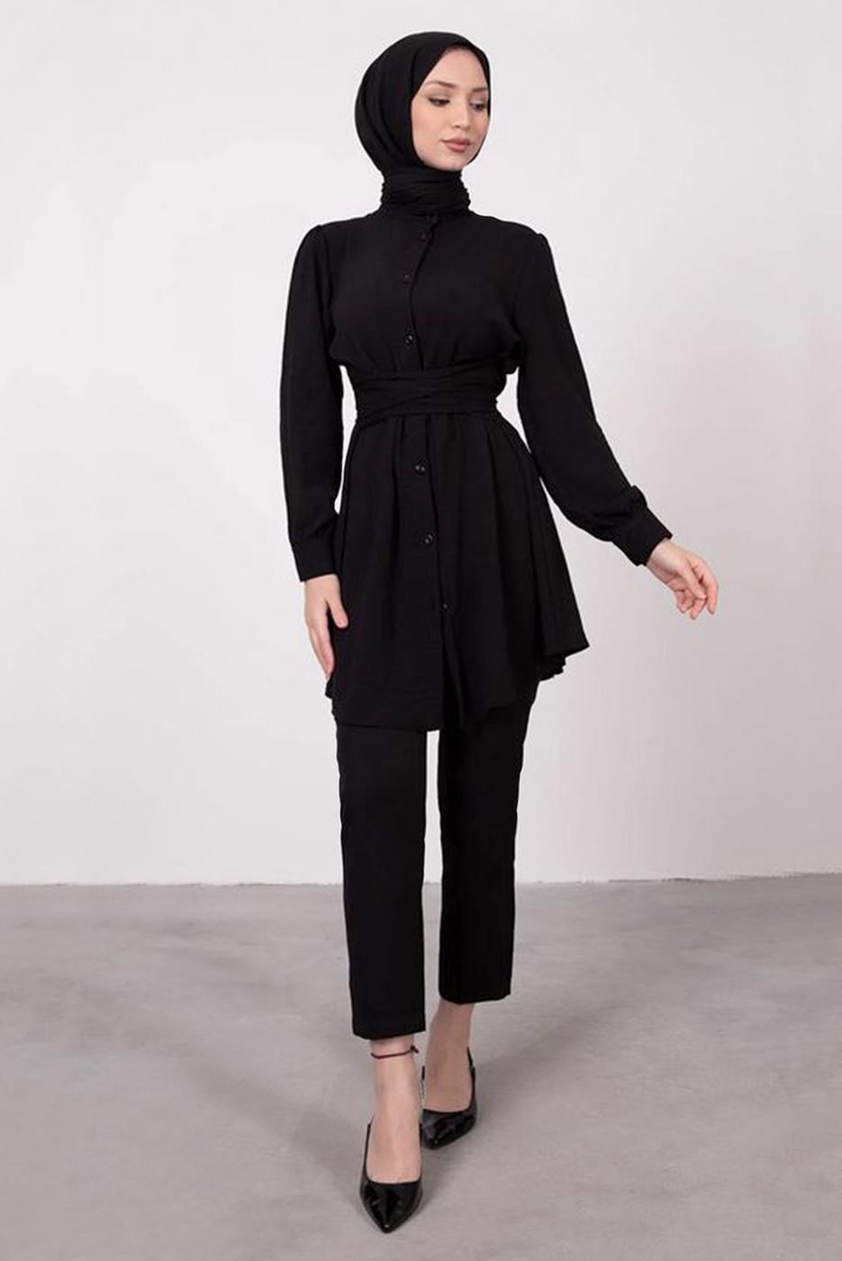 Tesettür giyim SİYAH HAKİM YAKA BAĞLAMA DETAYLI TUNİK T 1965