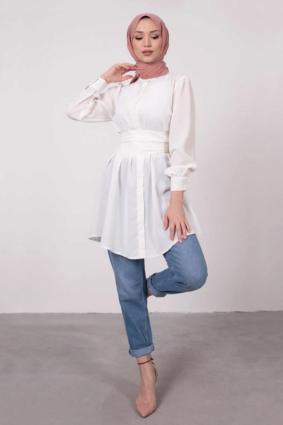 Tesettür giyim KREM HAKİM YAKA BAĞLAMA DETAYLI TUNİK T 1965