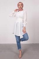 Tesettür giyim KREM HAKİM YAKA BAĞLAMA DETAYLI TUNİK T 1965