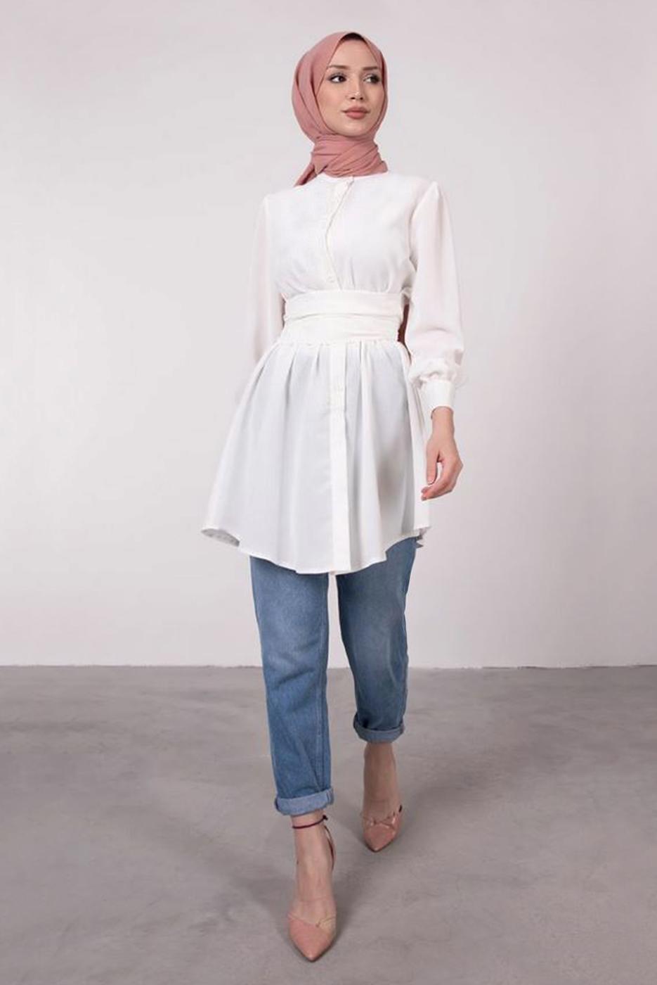 Tesettür giyim KREM HAKİM YAKA BAĞLAMA DETAYLI TUNİK T 1965