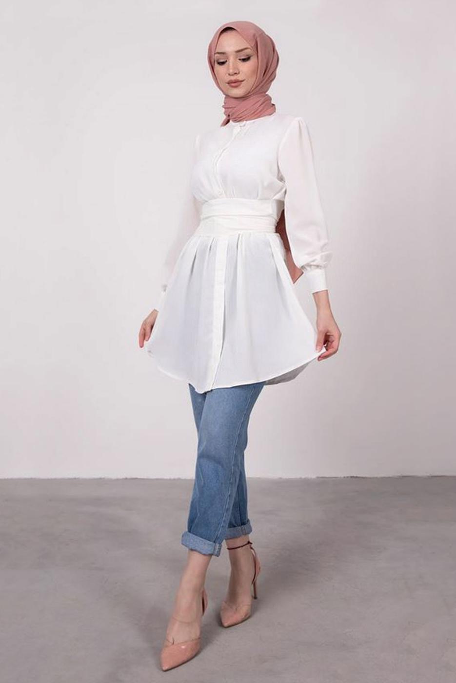 Tesettür giyim KREM HAKİM YAKA BAĞLAMA DETAYLI TUNİK T 1965