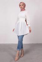 Tesettür giyim KREM HAKİM YAKA BAĞLAMA DETAYLI TUNİK T 1965